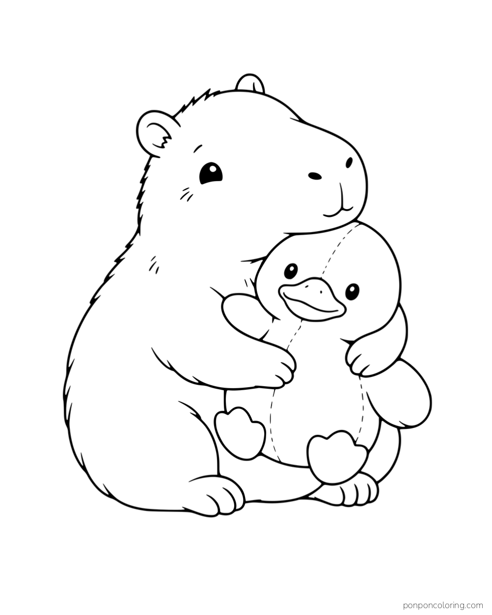 A capybara hugging a duck plush toy.