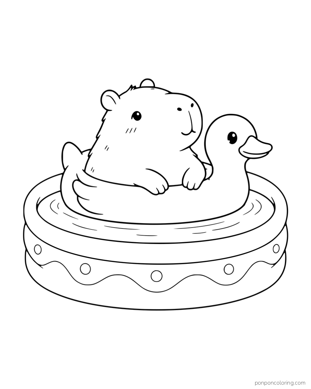 A capybara in a duck-shaped swim ring inside a small pool.