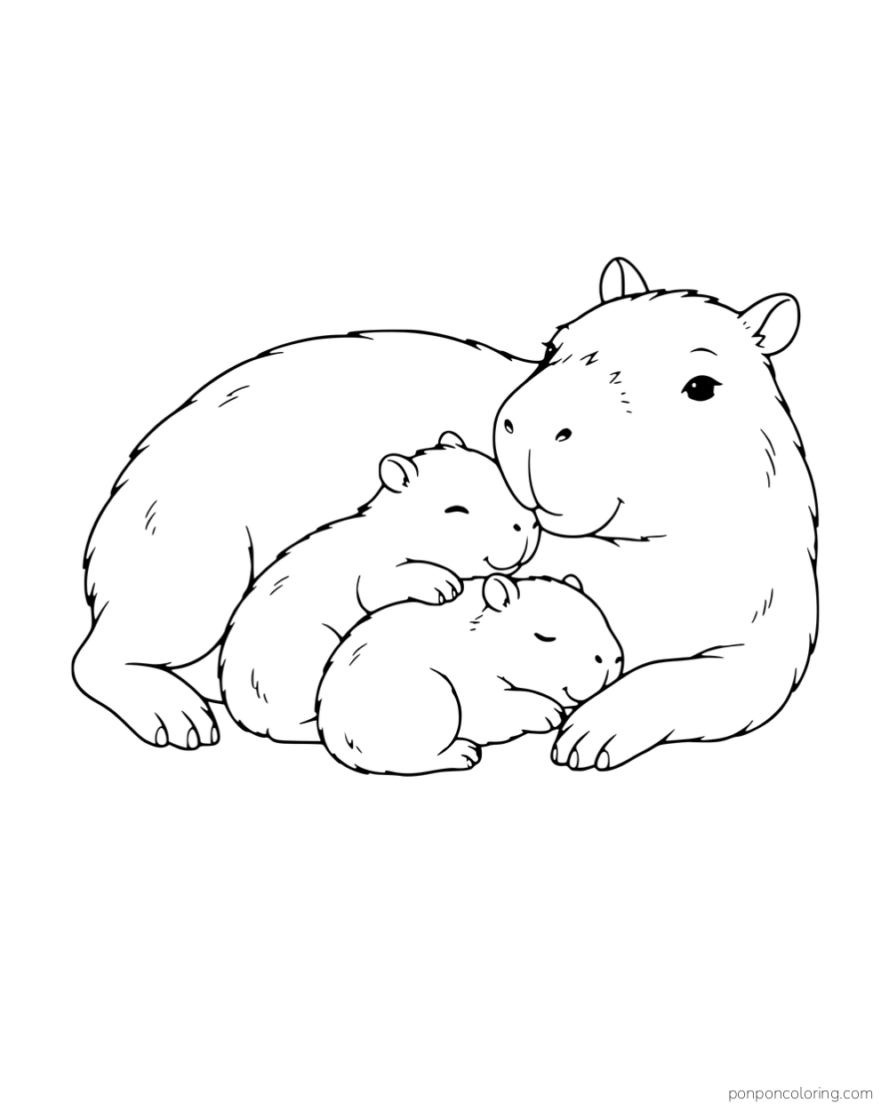 A larger capybara curled around two smaller capybaras.