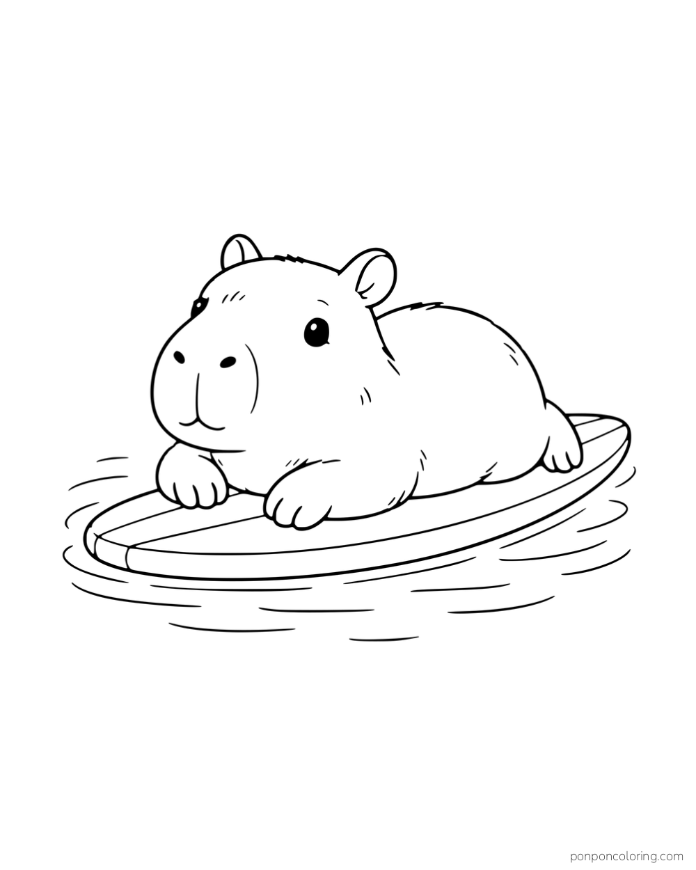 A capybara lying on a surfboard floating in water.