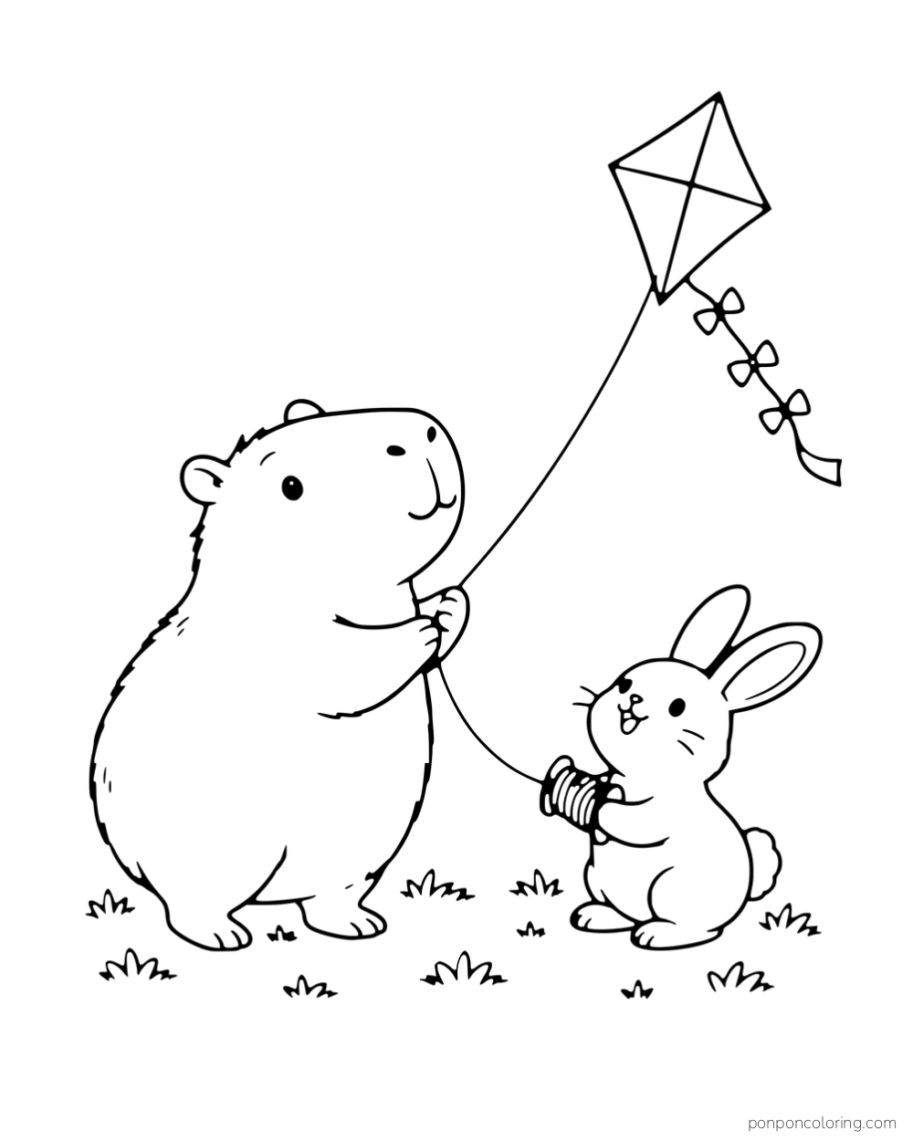 A capybara flying a kite with a rabbit holding the string reel.