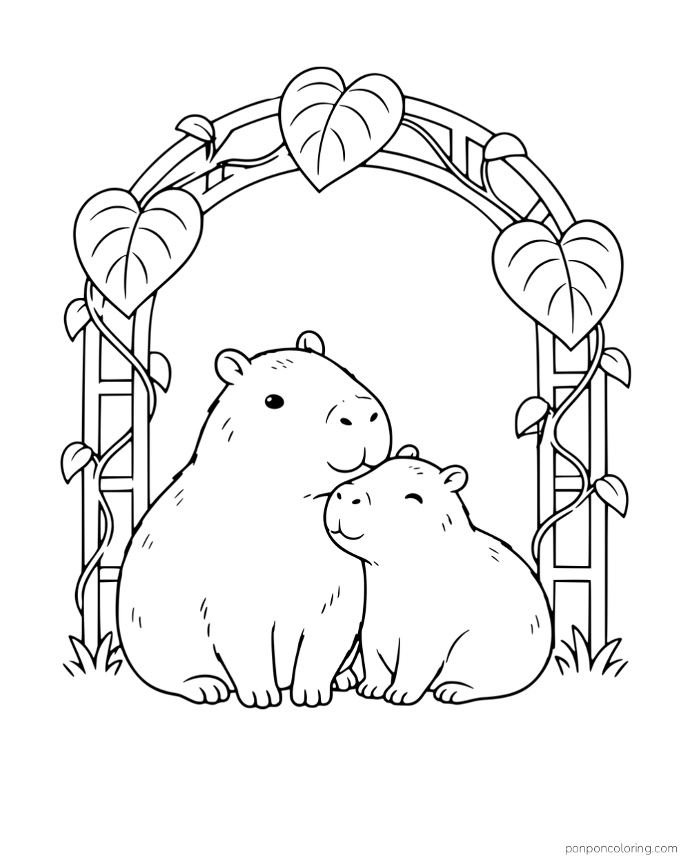 Two capybaras sitting together beneath a leafy garden trellis.