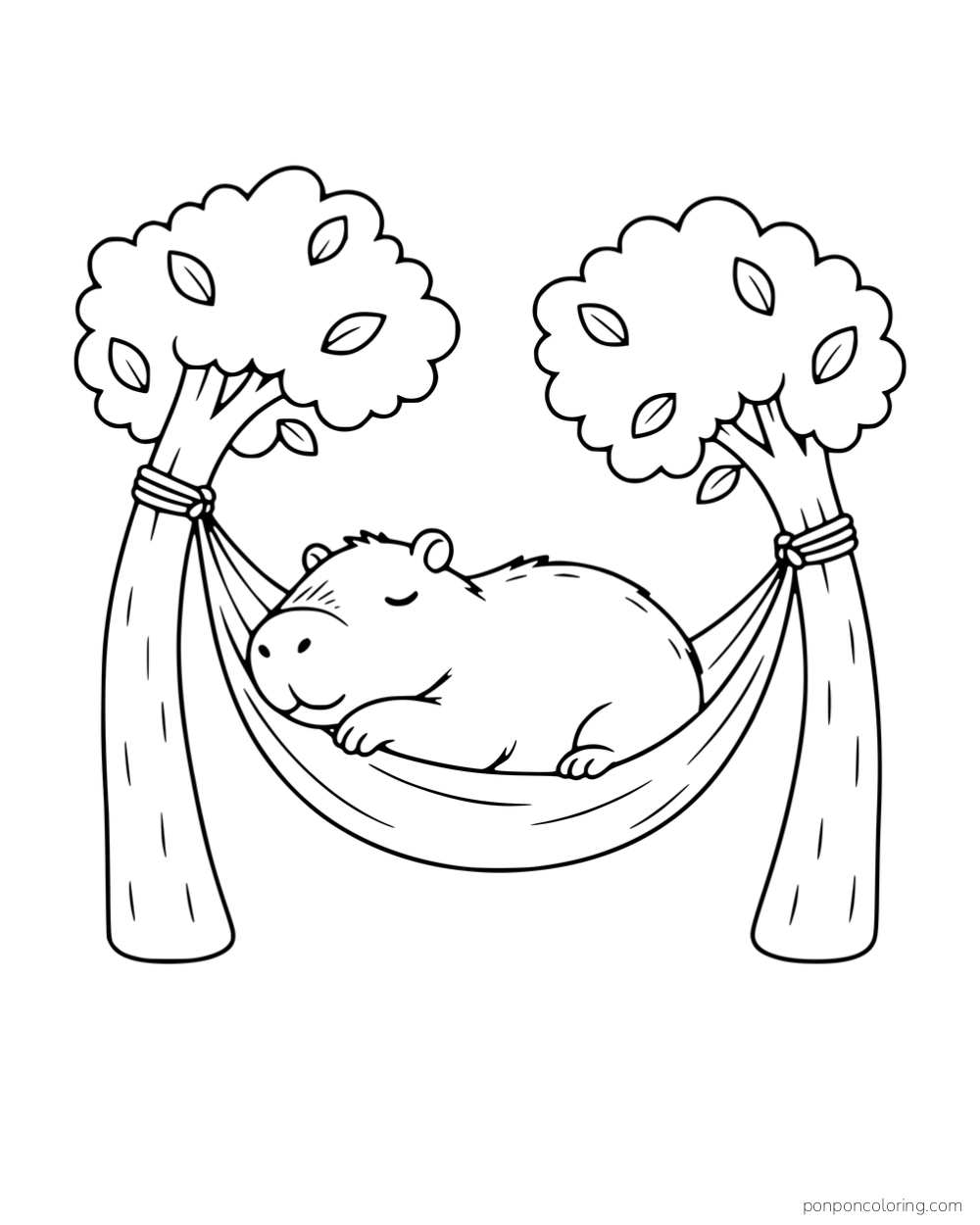 A capybara sleeping in a hammock between two trees.