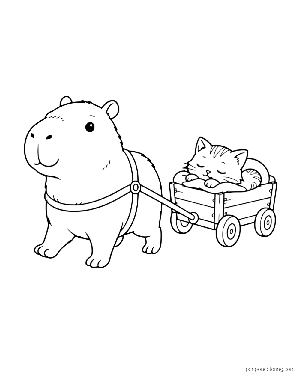A capybara pulling a sleeping kitten in a small wagon.