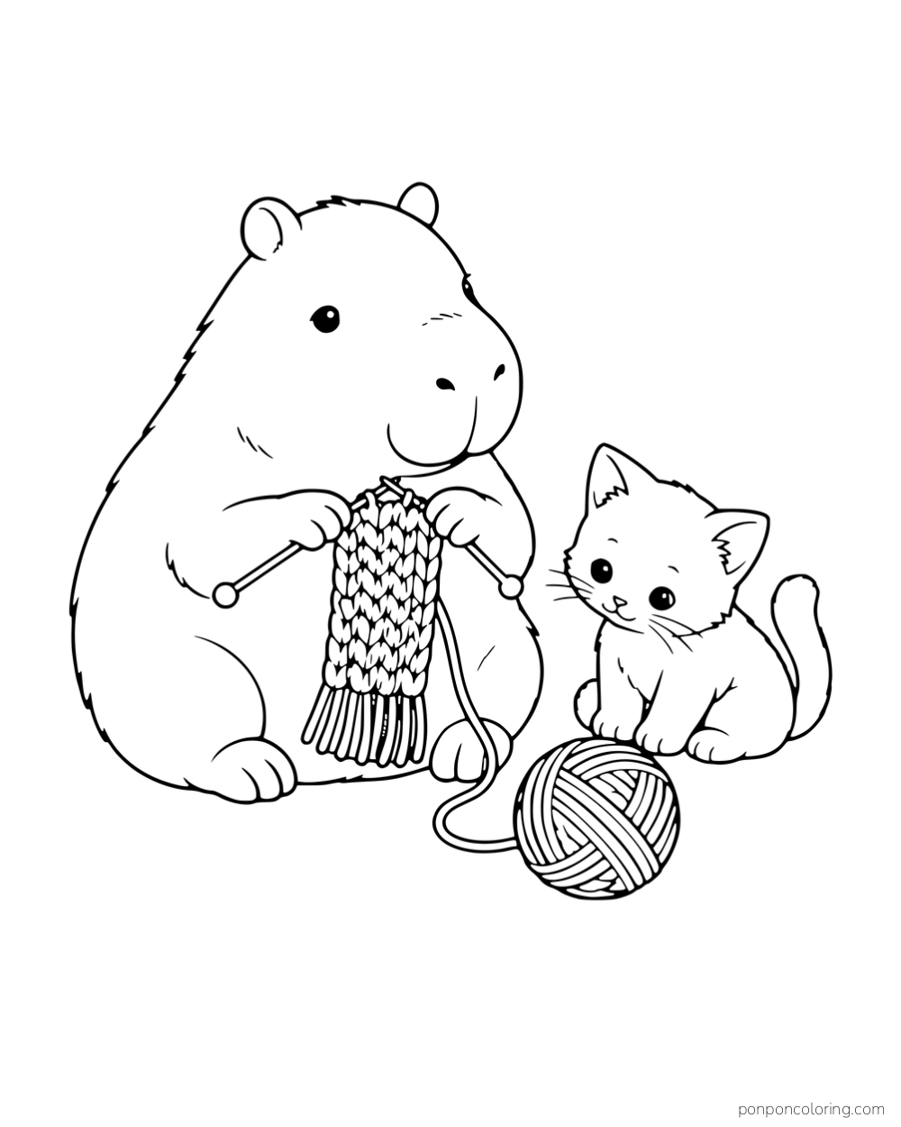 A capybara knitting a scarf beside a kitten and a ball of yarn.