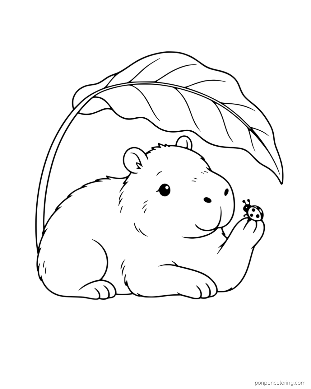 A capybara resting beneath a large leaf with a ladybug on its raised paw.