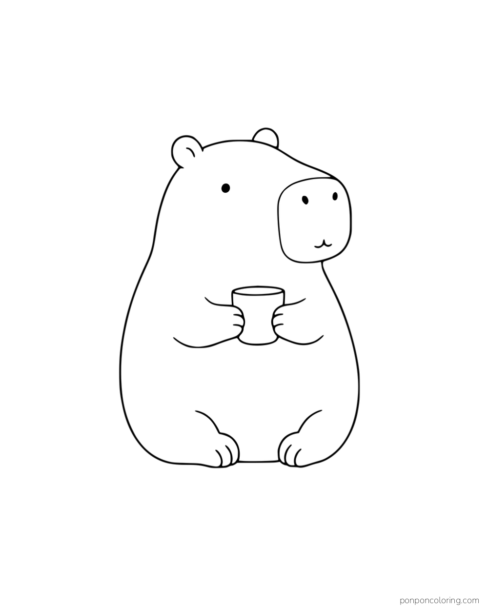 A seated capybara holding a small cup.