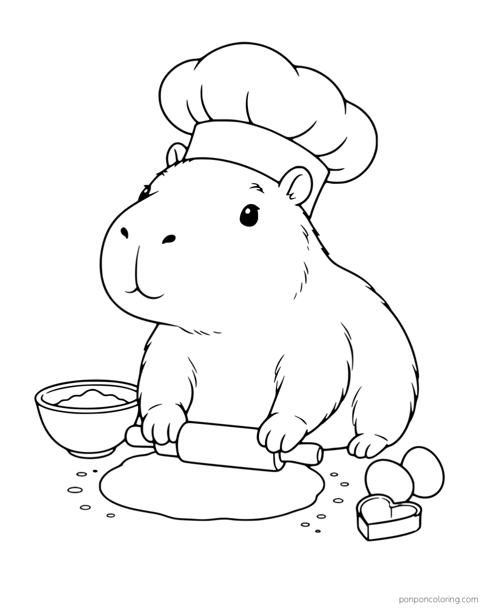 A capybara in a chef hat rolling dough beside a bowl and eggs.