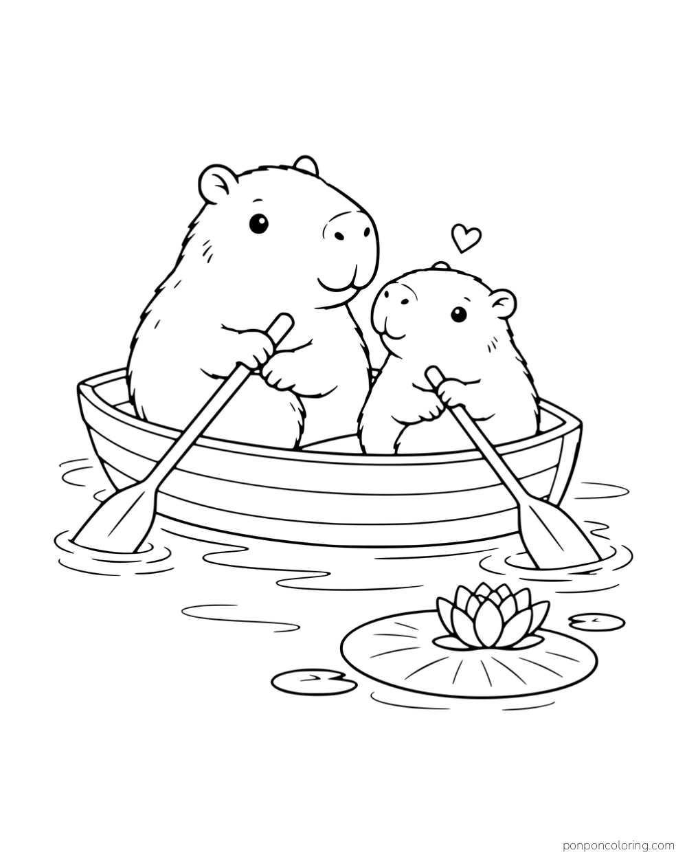 Two capybaras rowing a small boat beside a water lily.