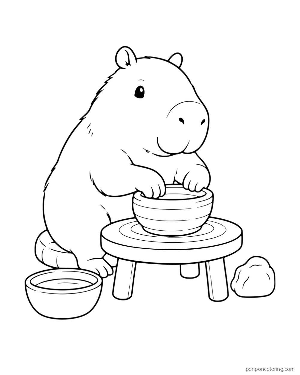 A capybara shaping a clay bowl on a small pottery wheel.