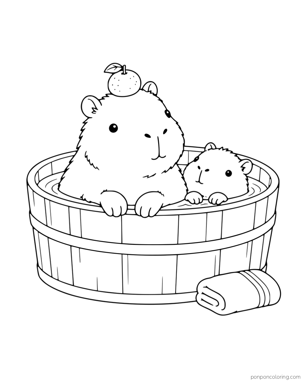 Two capybaras resting in a wooden bath, one with a mandarin on its head, with a rolled towel beside the tub.