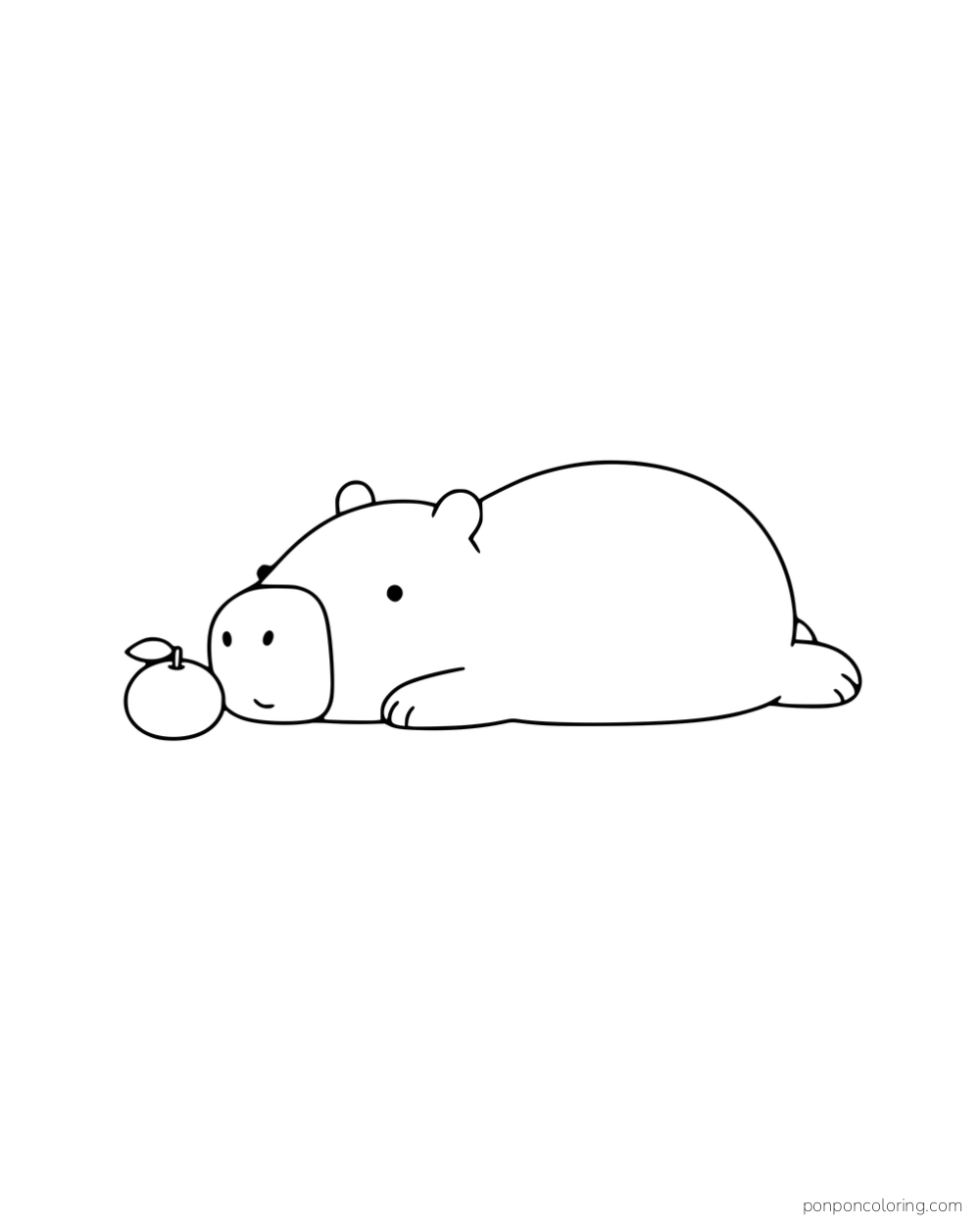 A capybara lying down with its nose near a mandarin.