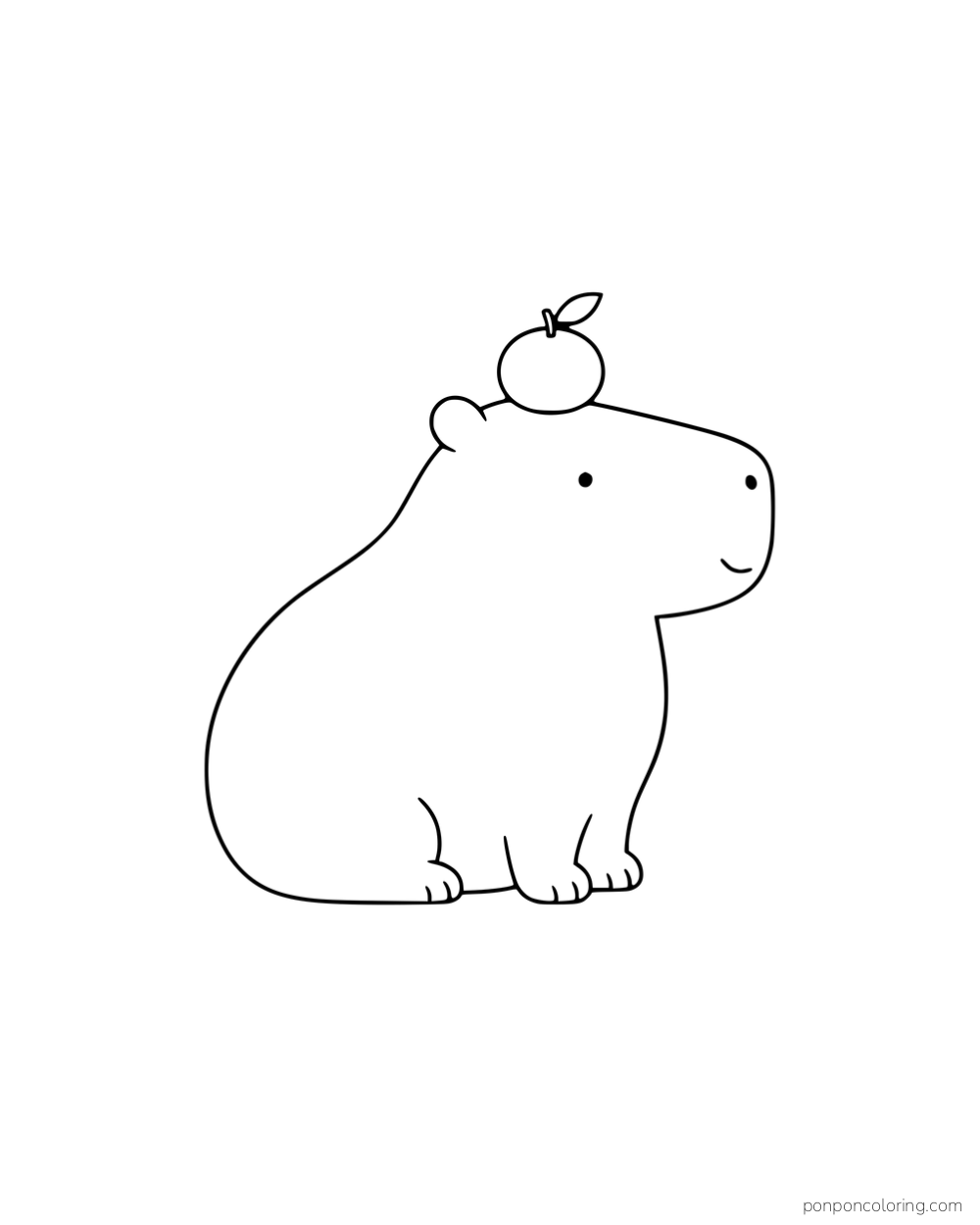 A seated capybara balancing a mandarin on its head.