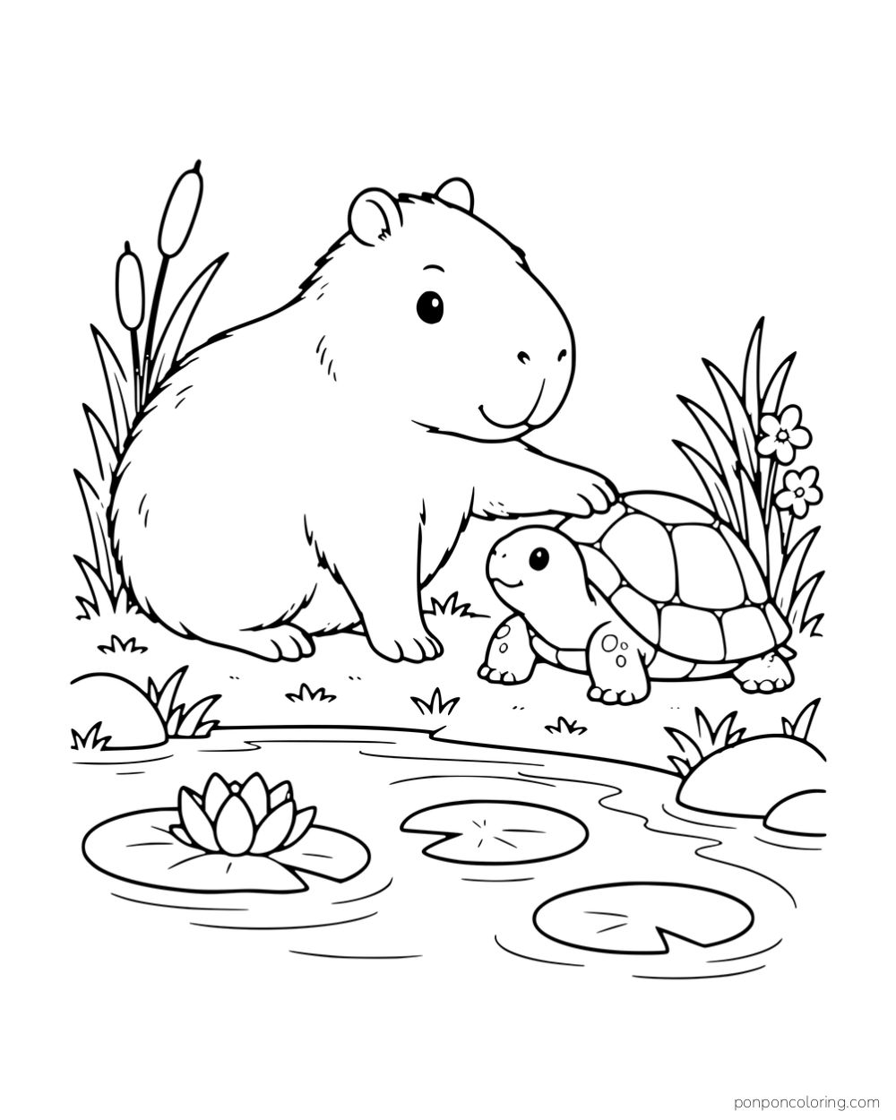 A capybara meeting a turtle beside a pond with lily pads.