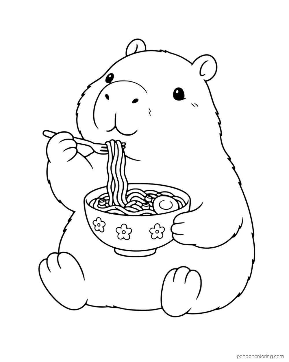 A seated capybara holding a noodle bowl and lifting noodles with a fork.