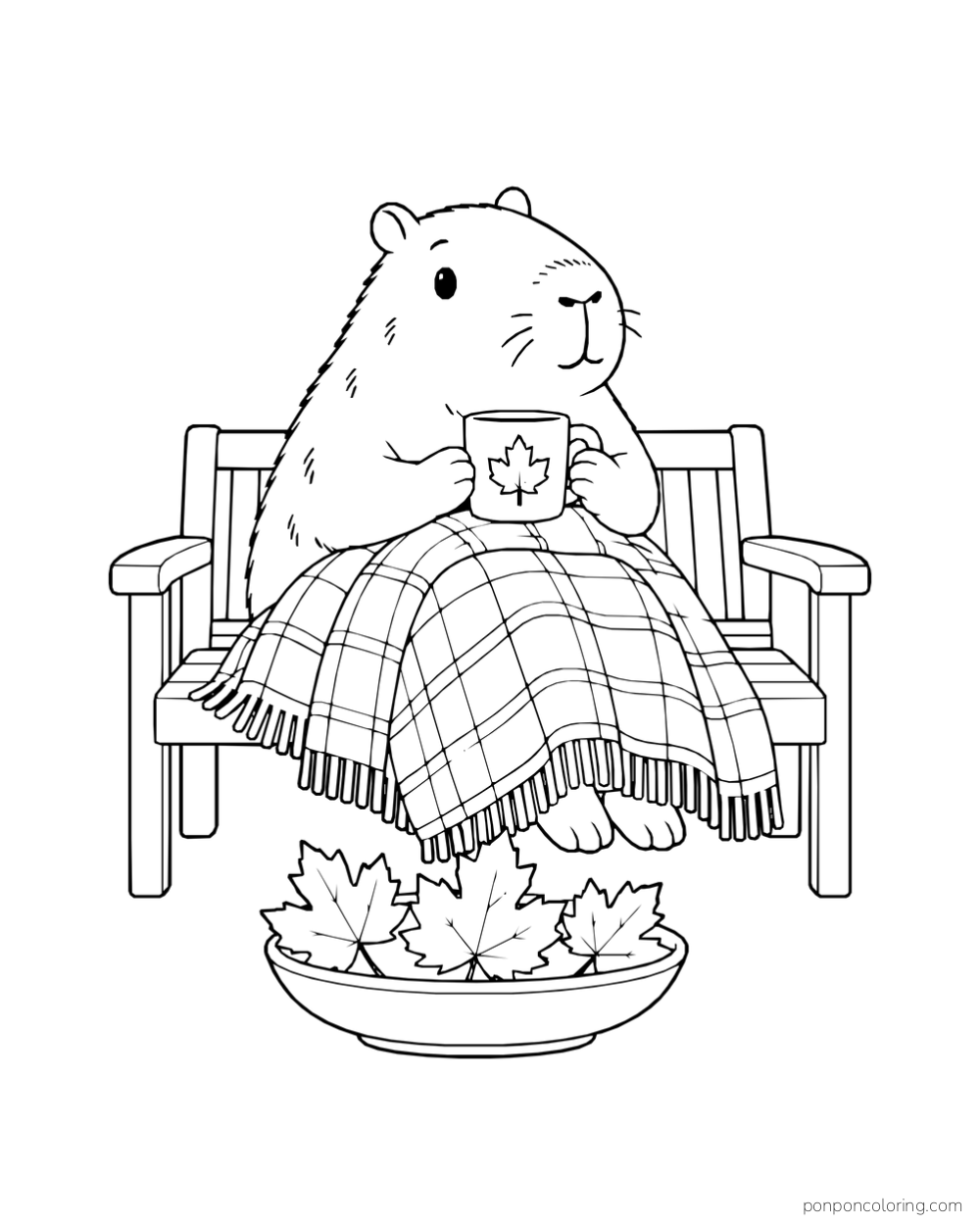 A capybara sits under a checked blanket on a bench, holding a mug above a bowl of fallen leaves.