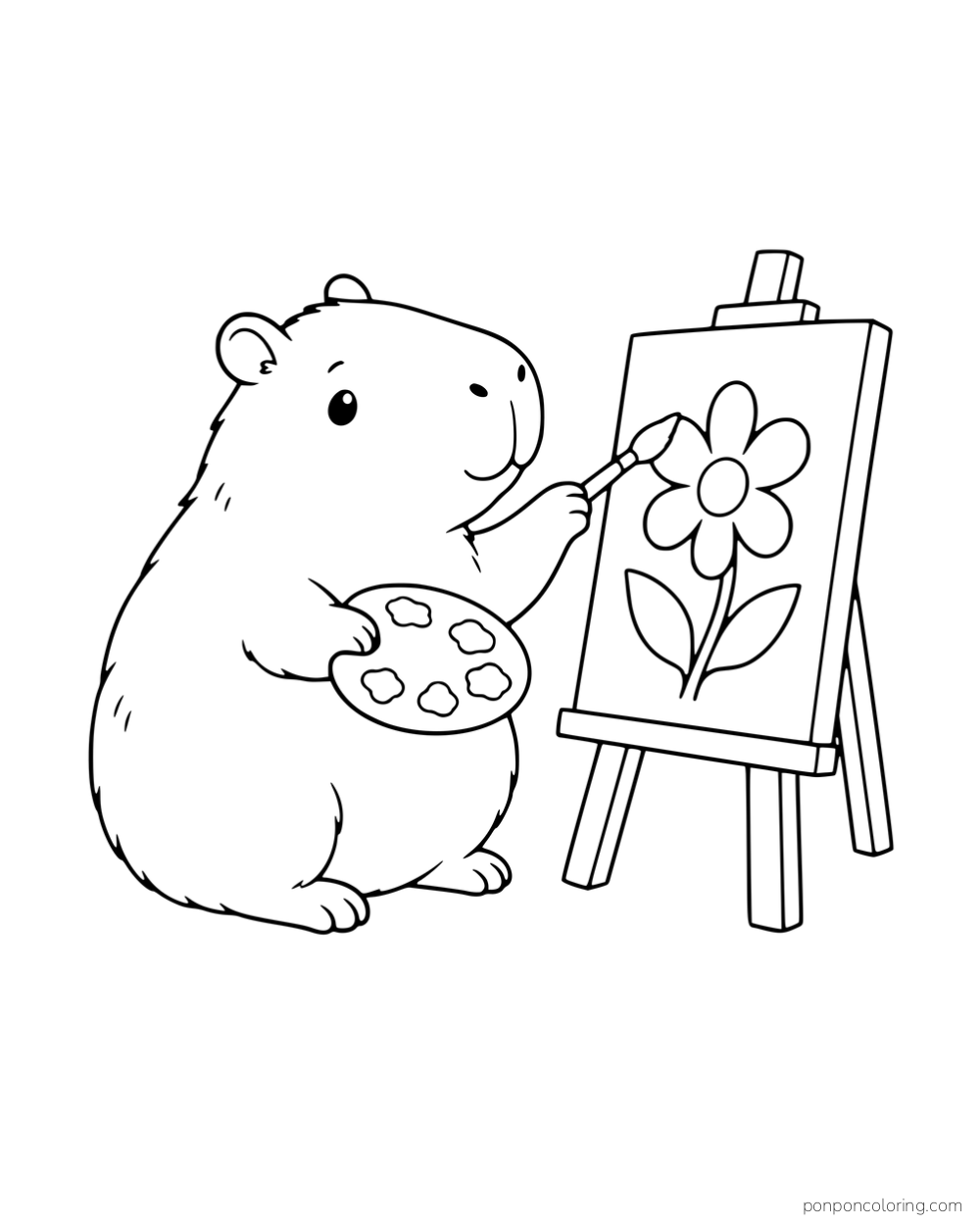 A capybara painting a flower on an easel.