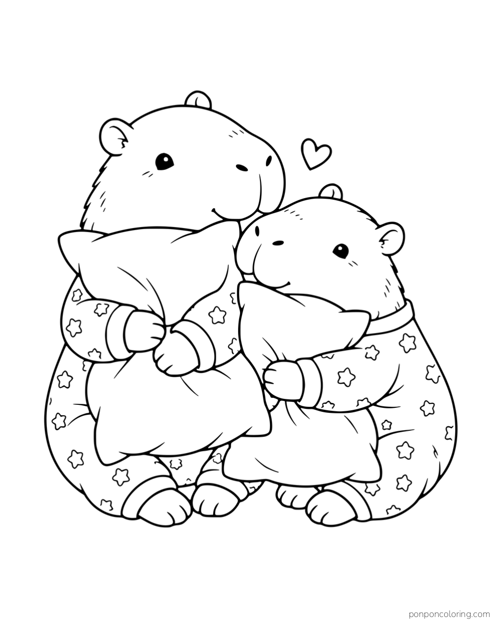 Two capybaras in star-patterned pajamas holding pillows.
