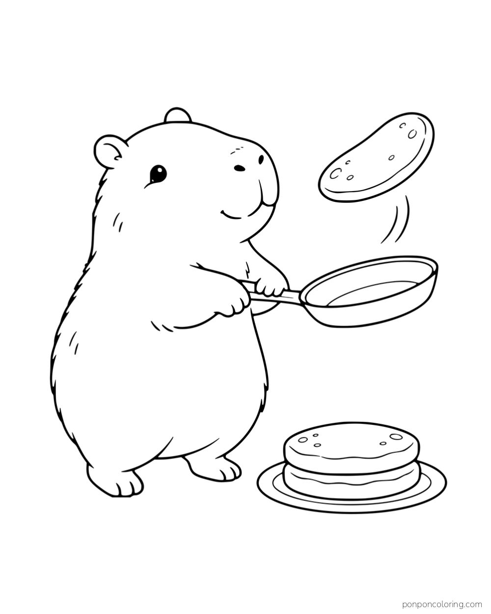 A capybara flipping a pancake in a pan beside a stack of pancakes.
