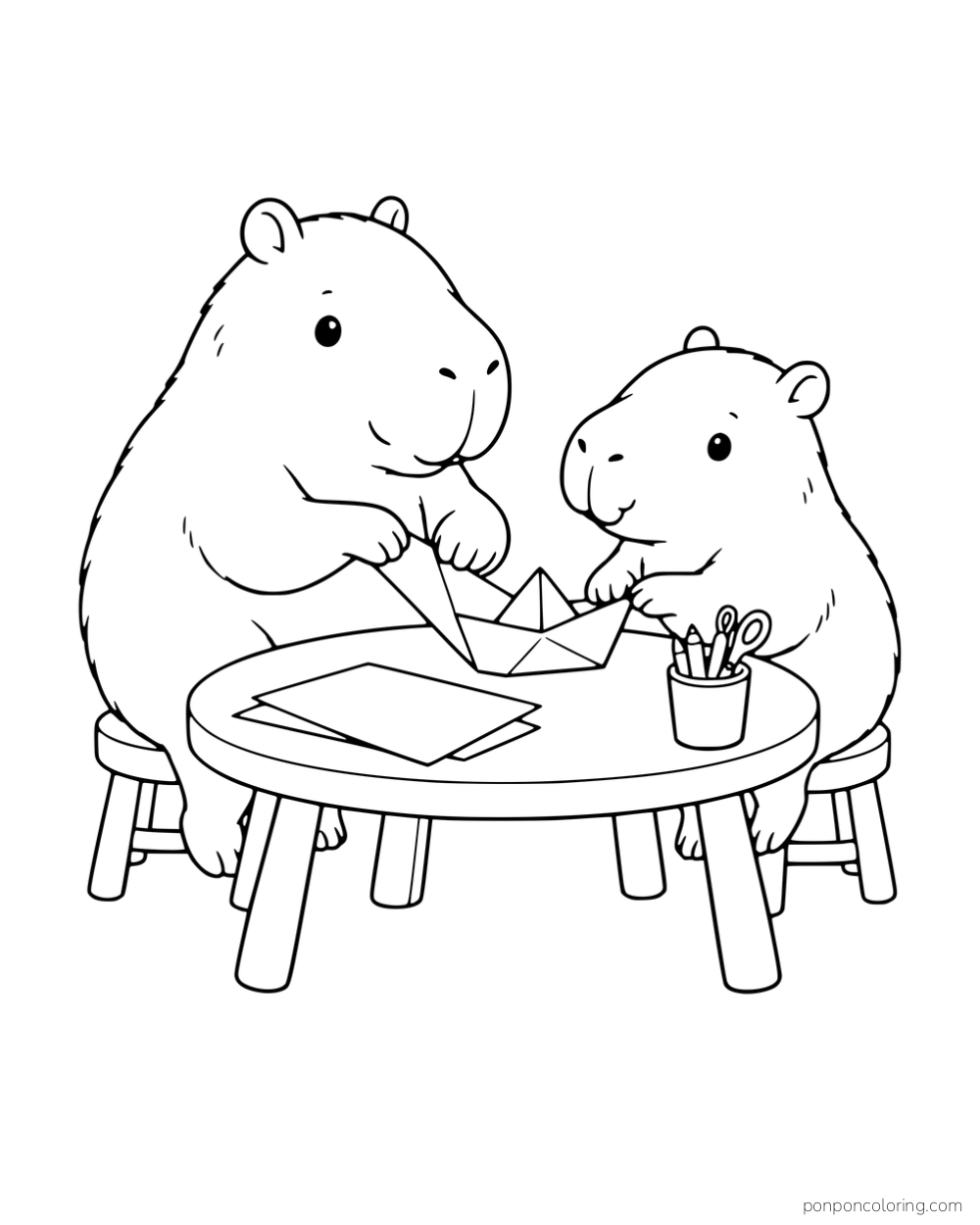 Two capybaras folding a paper boat at a round table.