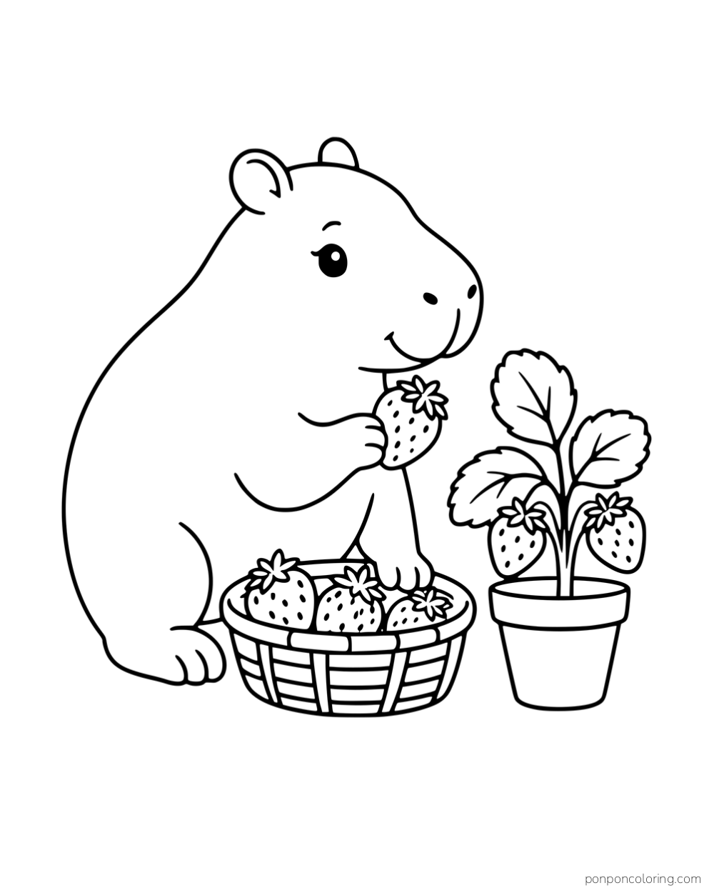A capybara holding a strawberry beside a full basket and a potted strawberry plant.