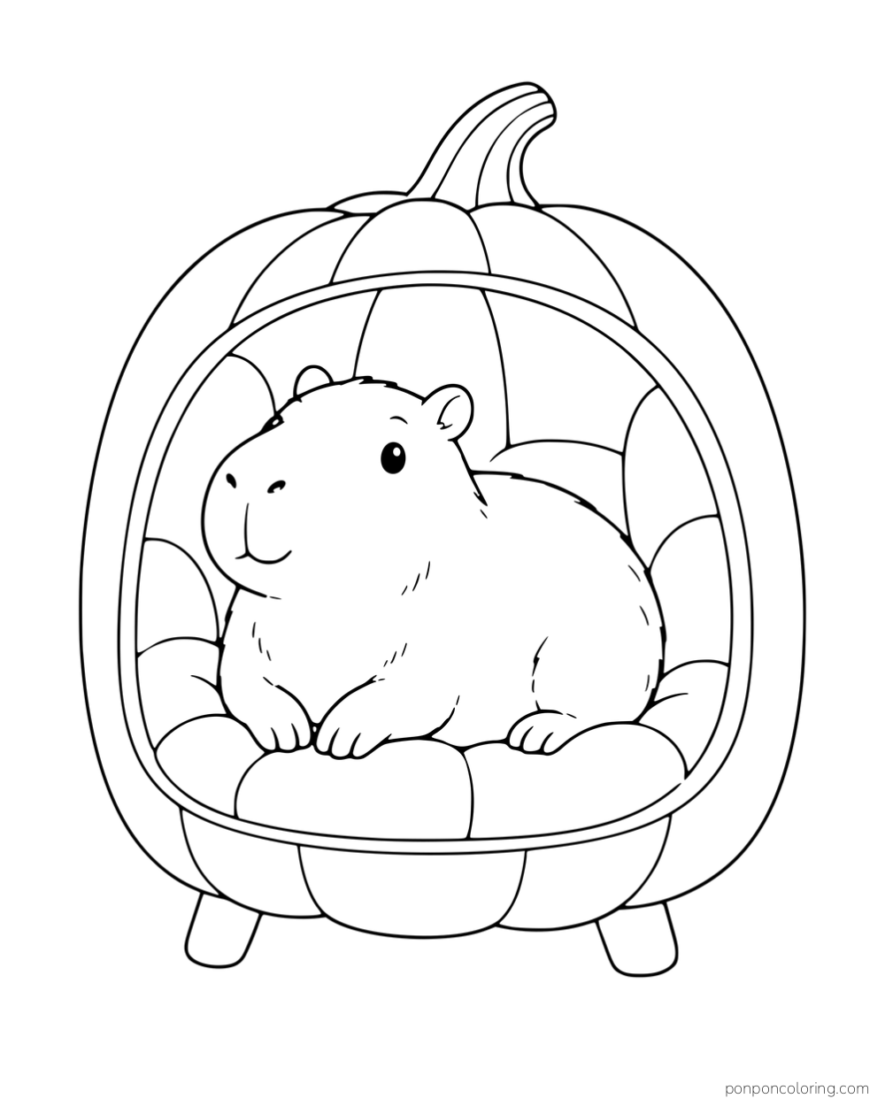 A capybara sitting inside a pumpkin-shaped chair.