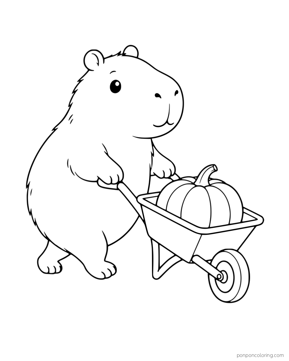A capybara pushing a wheelbarrow carrying a pumpkin.