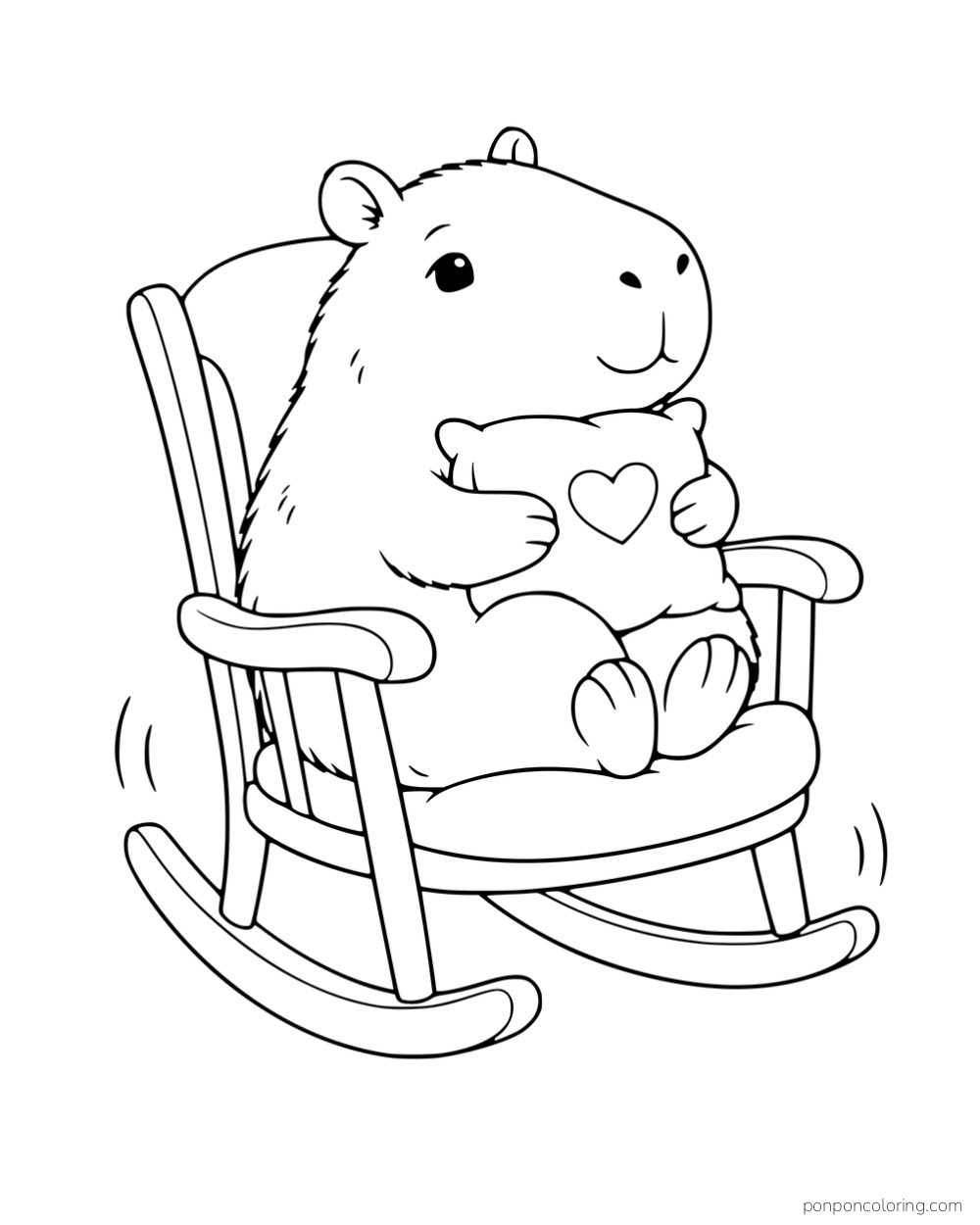 A capybara in a rocking chair holding a heart-decorated cushion.