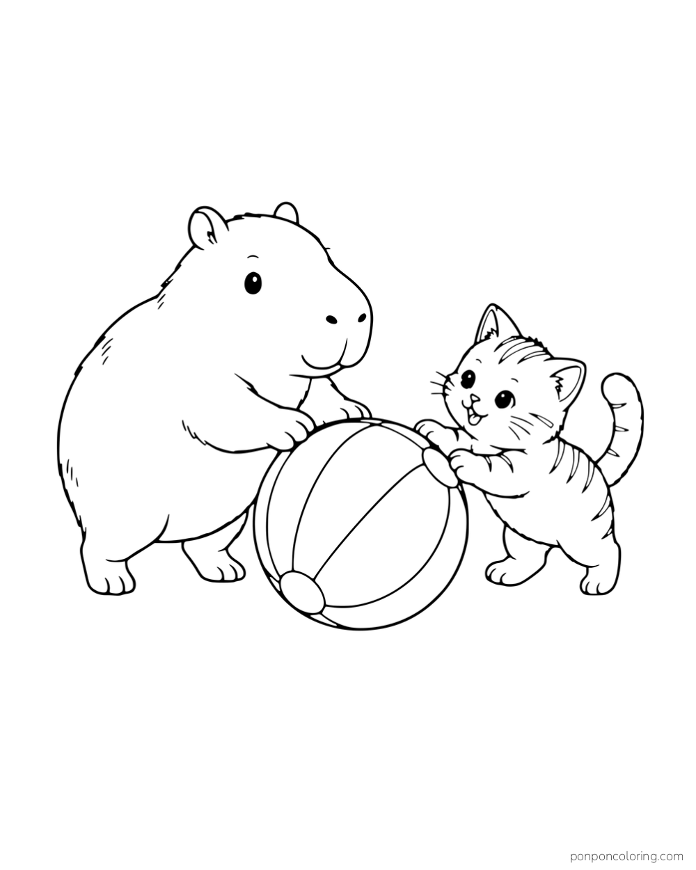 A capybara and a kitten pushing a striped ball.