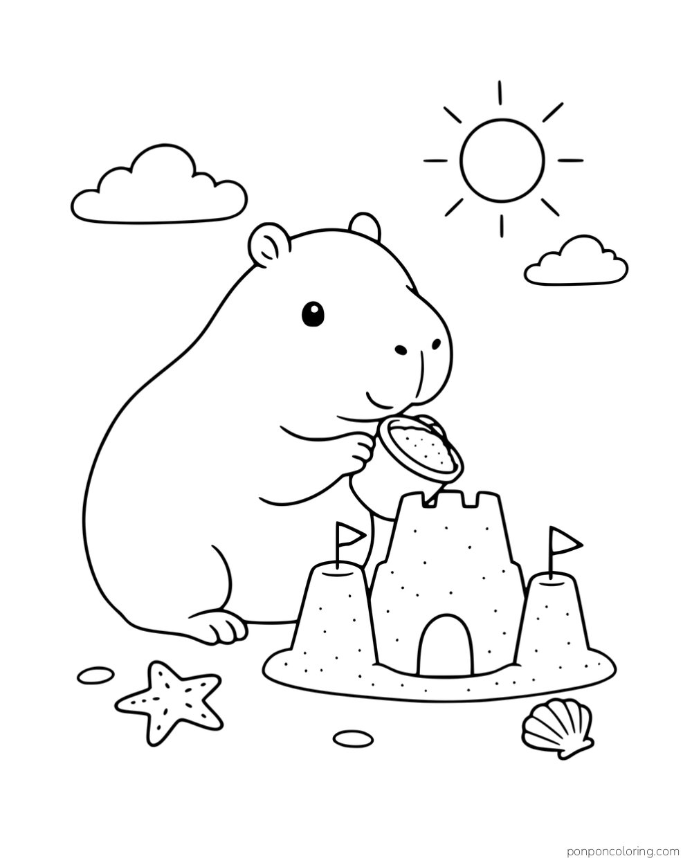 A capybara building a sandcastle with a starfish and shell nearby.