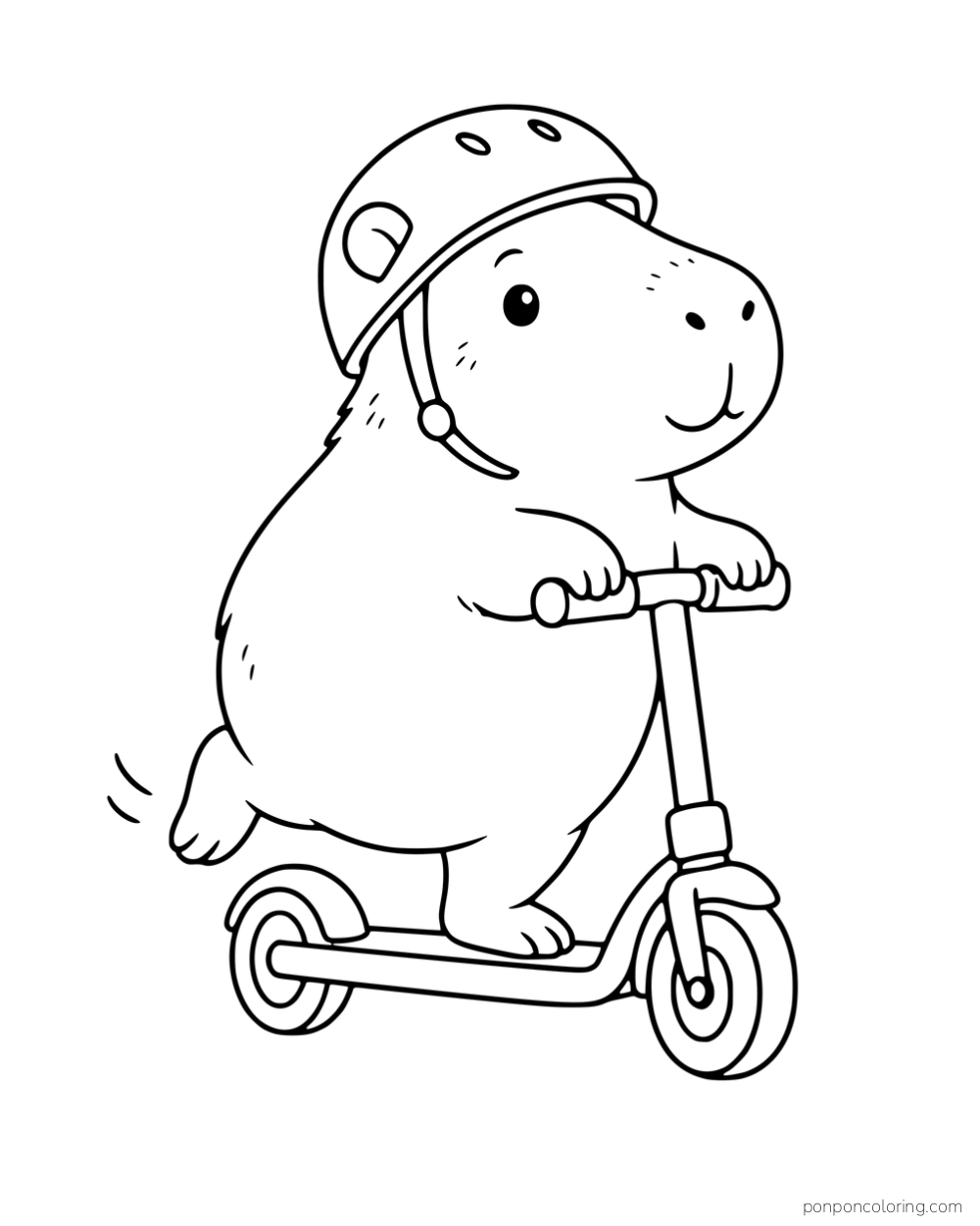 A capybara wearing a helmet and riding a scooter.