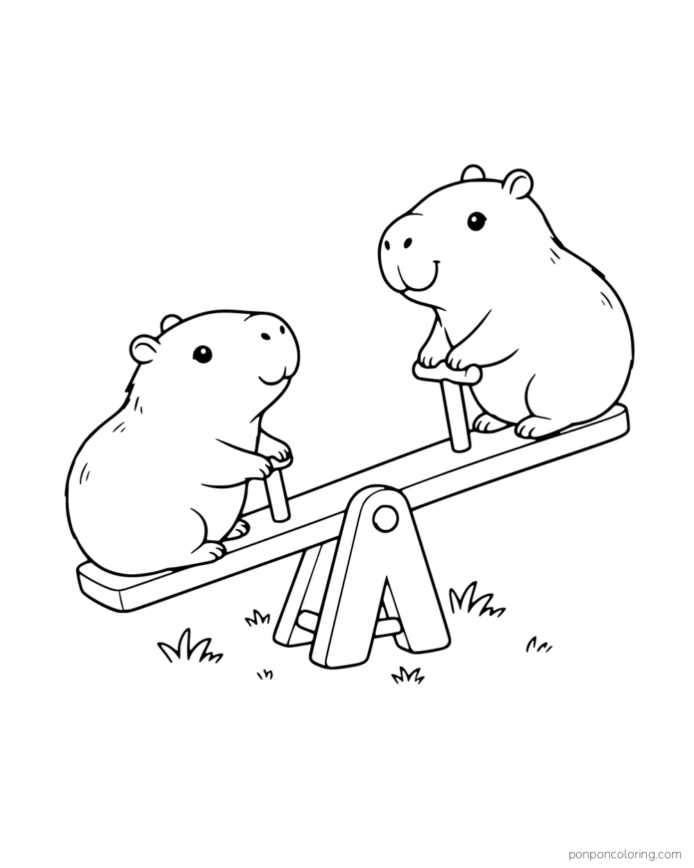 Two capybaras playing on a seesaw.