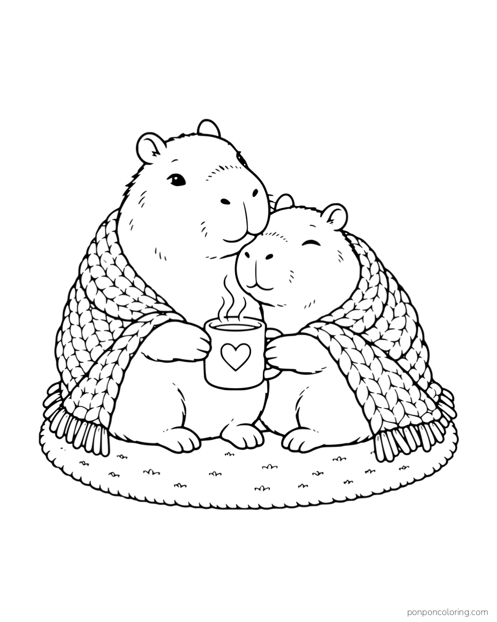 Two capybaras sharing a knitted blanket and a heart-decorated cup.