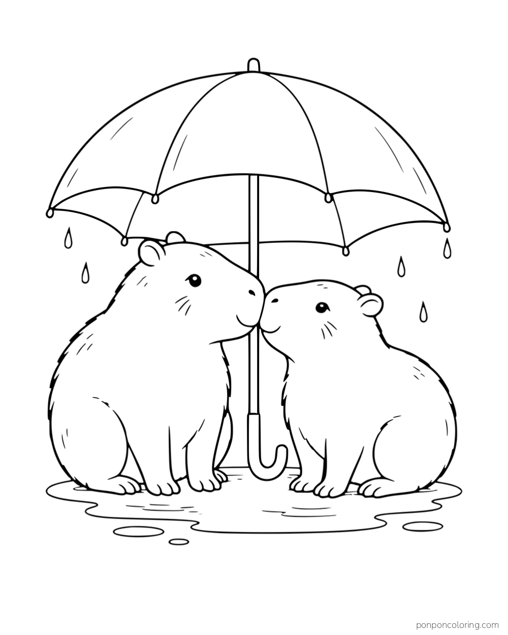 Two capybaras touching noses beneath an umbrella while standing in a puddle.