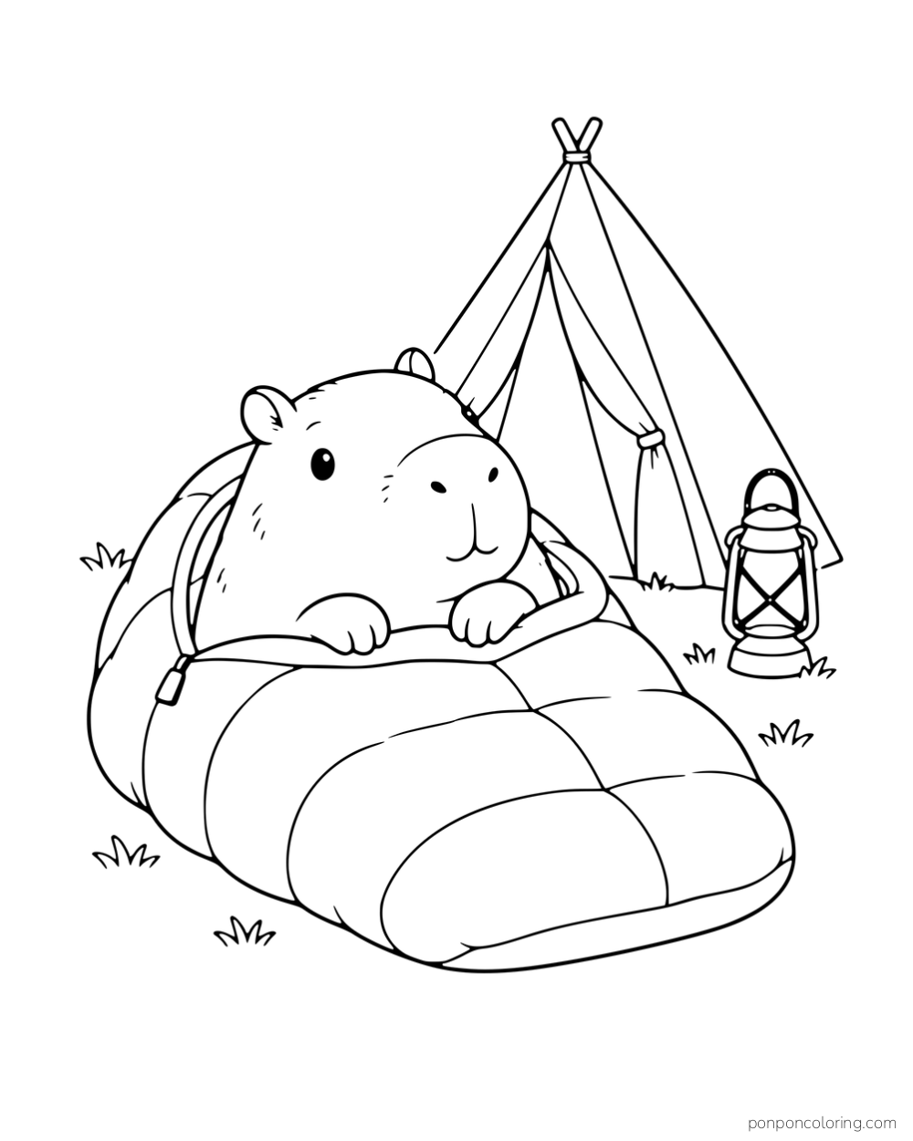 A capybara resting inside a sleeping bag with a tent and lantern behind it.