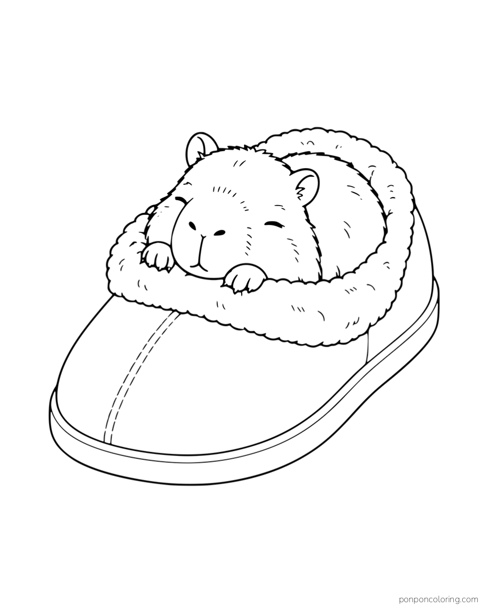 A capybara sleeping inside a fleece-lined slipper with its paws over the edge.