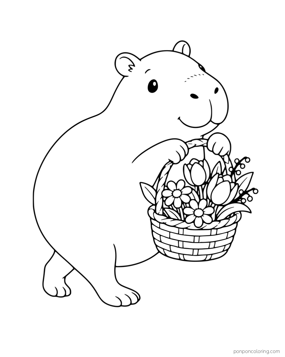A capybara carrying a basket of spring flowers.