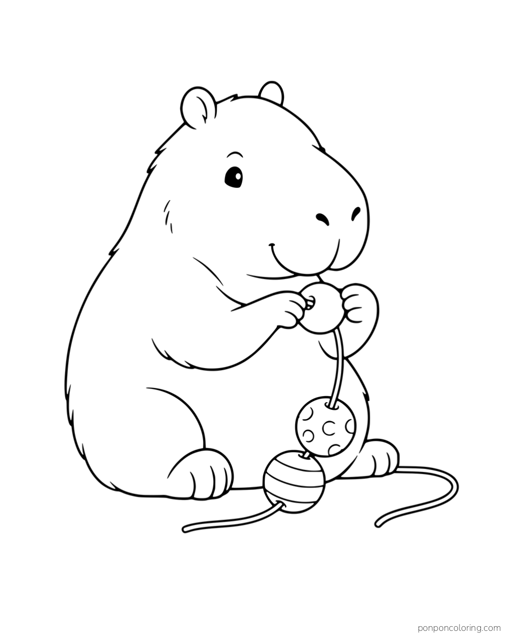 A capybara threading large patterned beads onto a string.