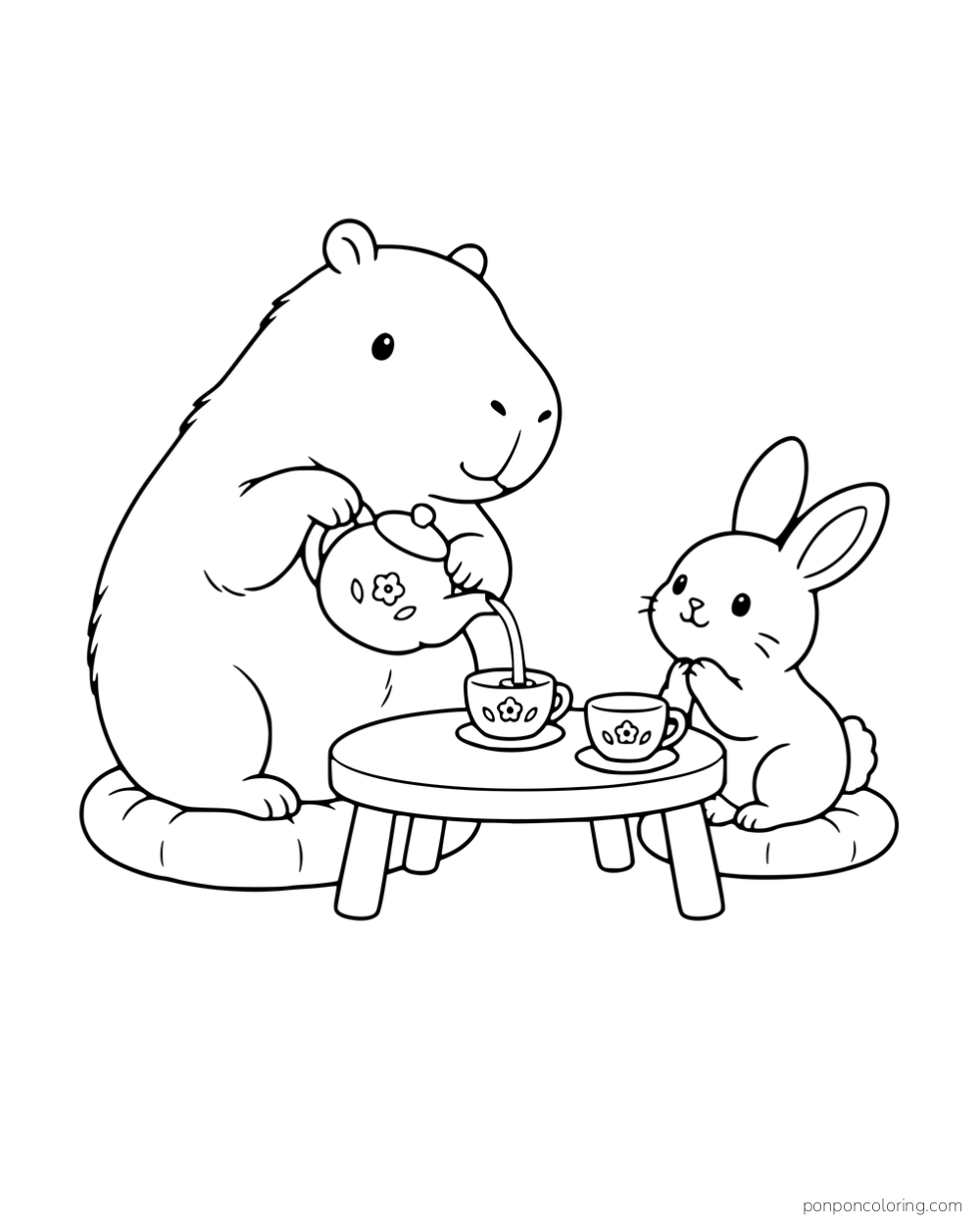 A capybara pouring tea for a rabbit at a small table.