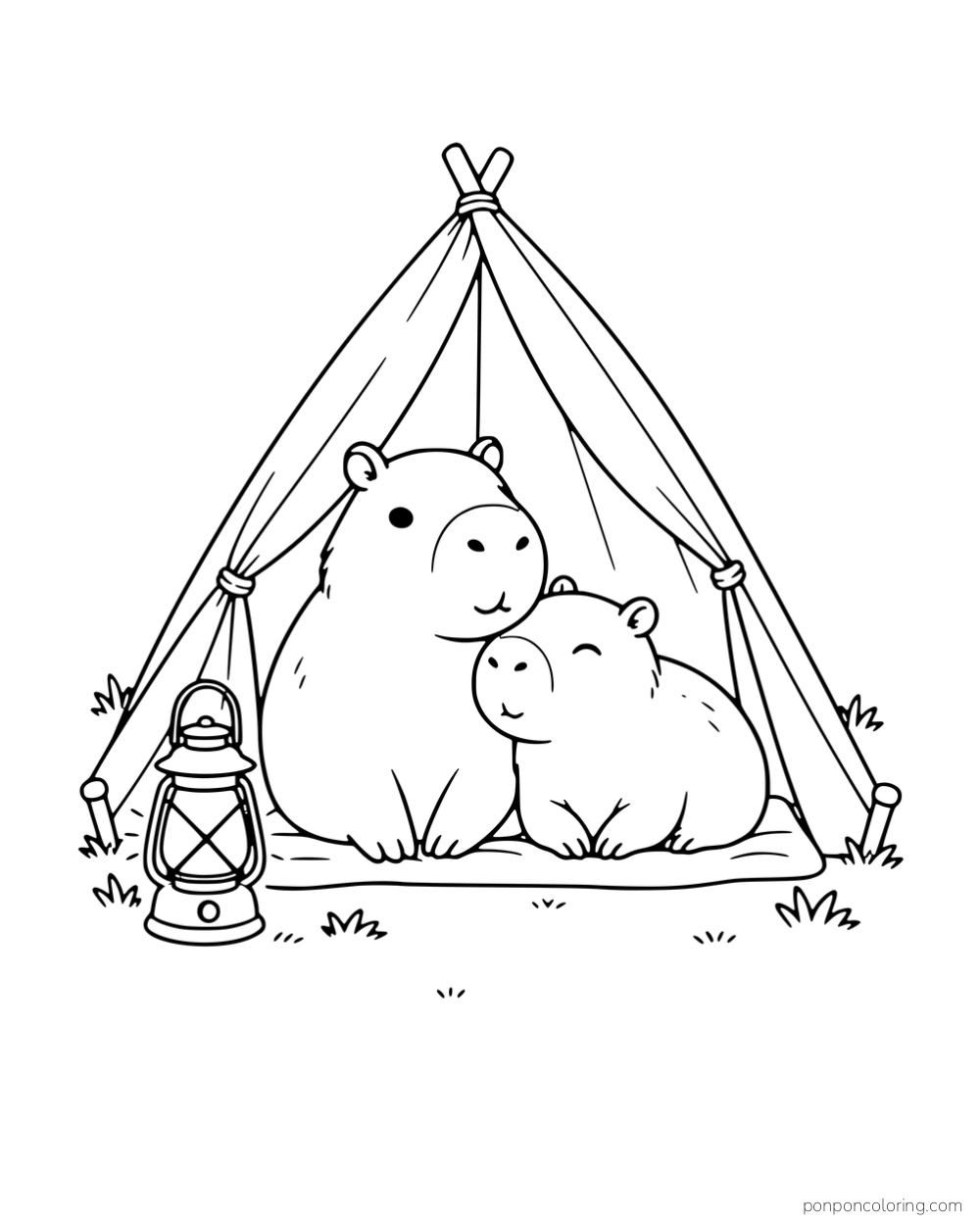 Two capybaras sitting inside a small tent beside a lantern.