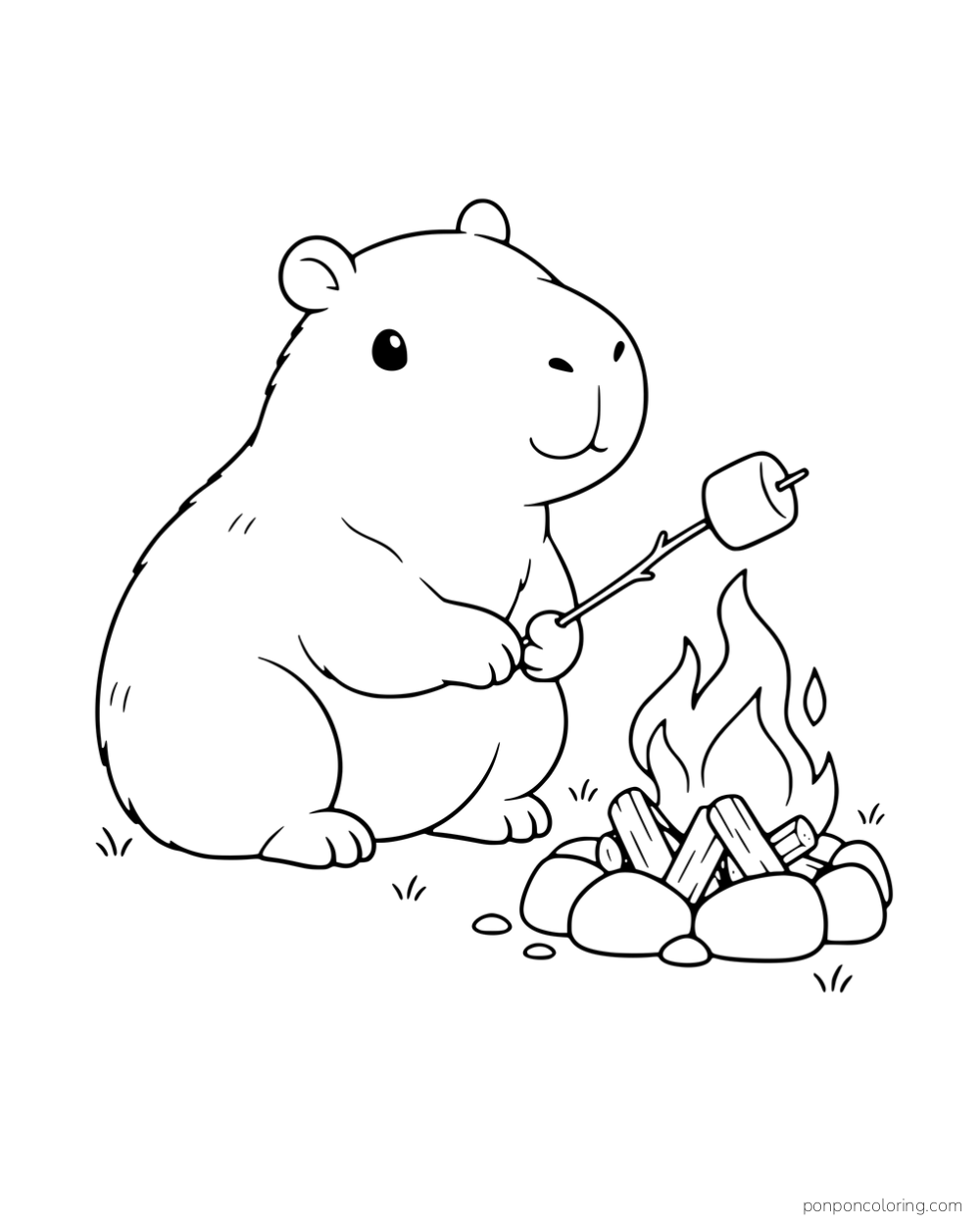 A capybara toasting a marshmallow over a campfire.