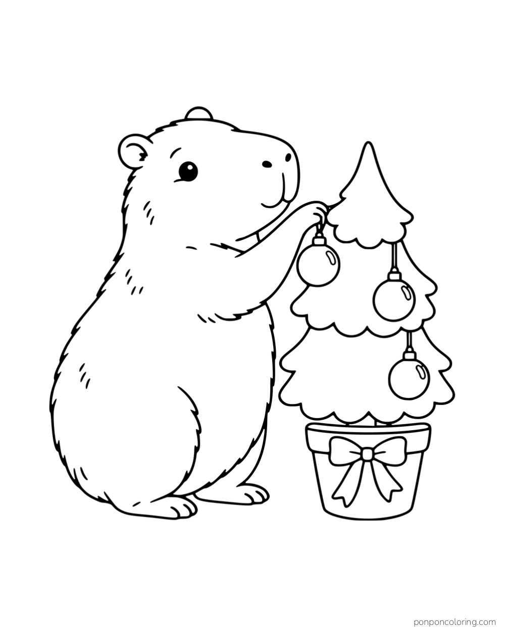 A capybara hanging an ornament on a small potted evergreen tree.