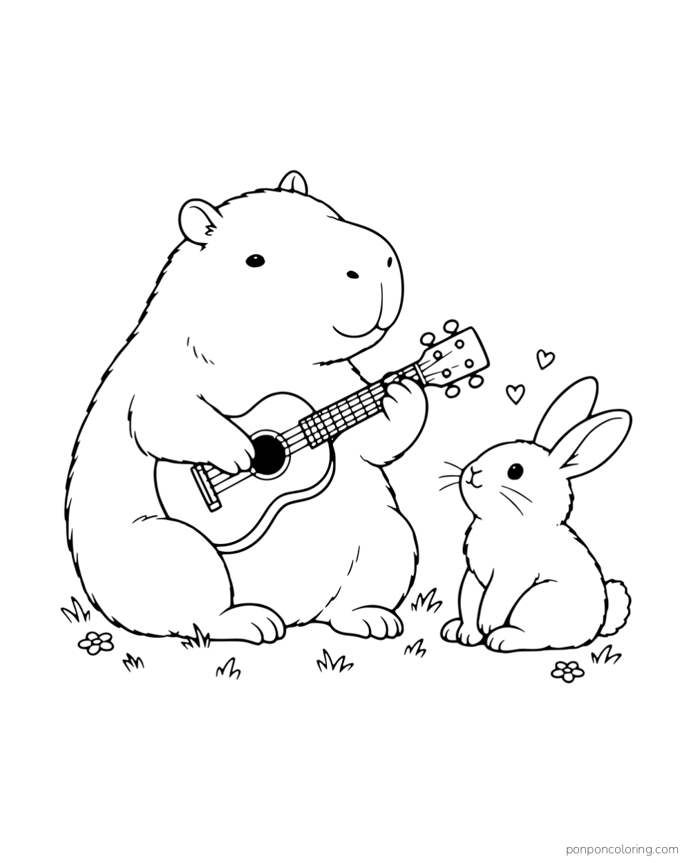 A capybara playing a ukulele beside a rabbit with floating musical notes.