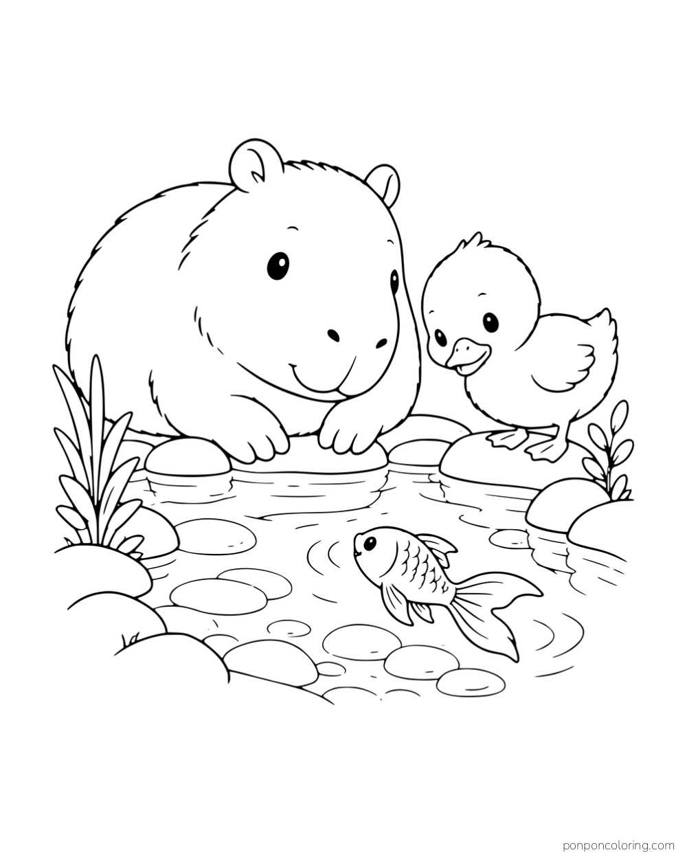 A capybara and a duckling watching a goldfish in a pond.