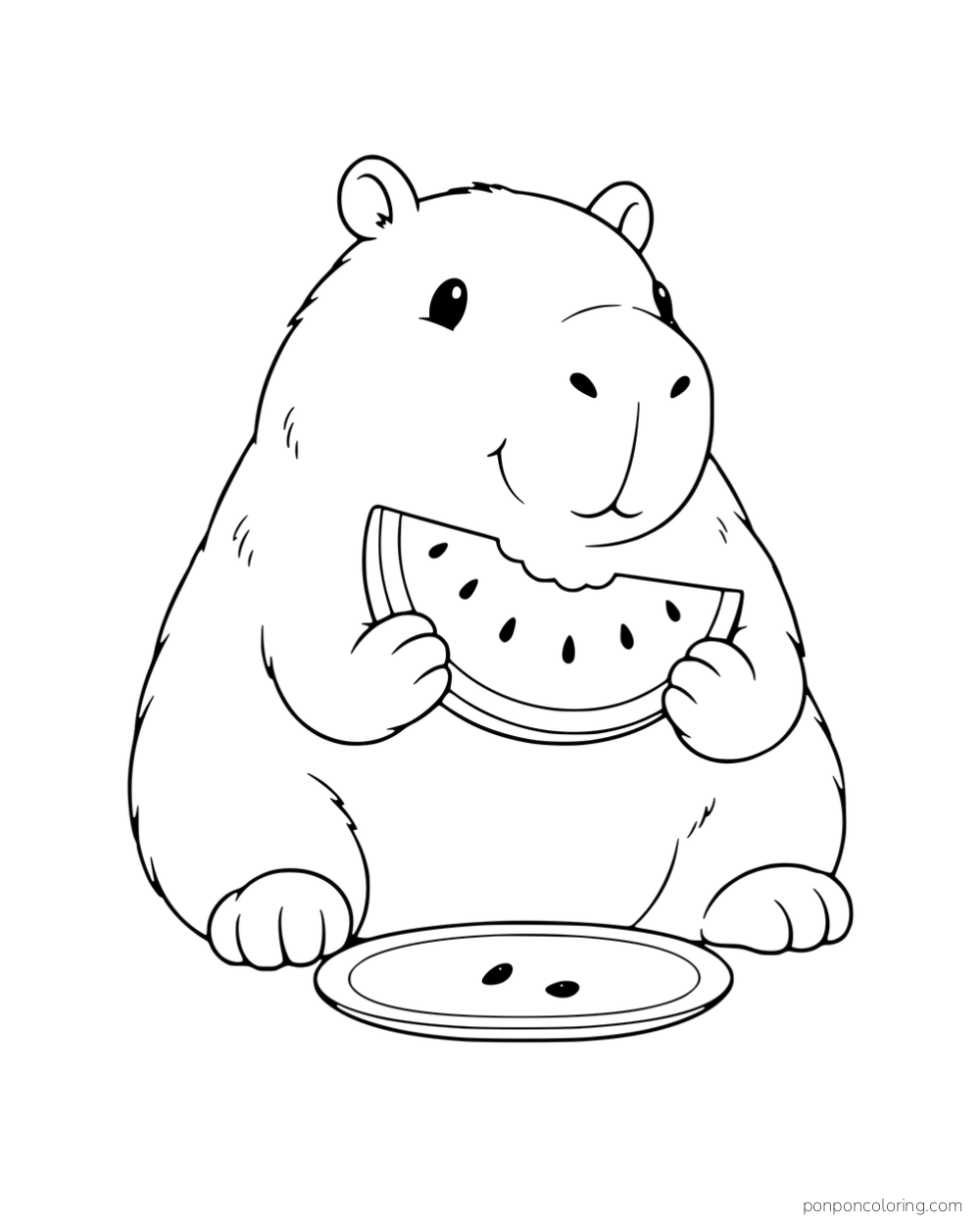 A seated capybara holding a watermelon slice above a plate.