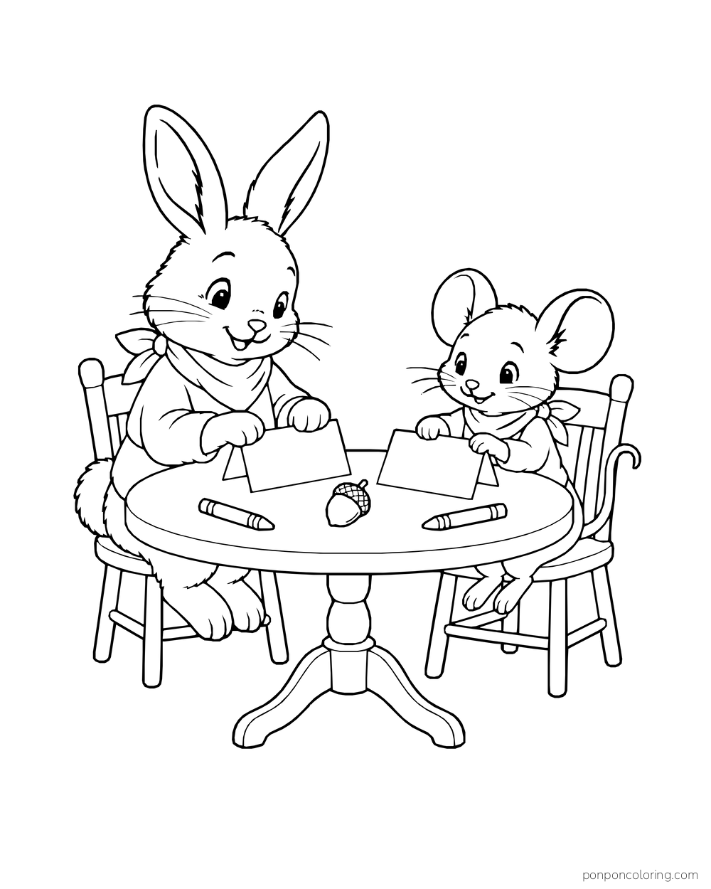 A rabbit and mouse make blank place cards at a round table with crayons and an acorn.
