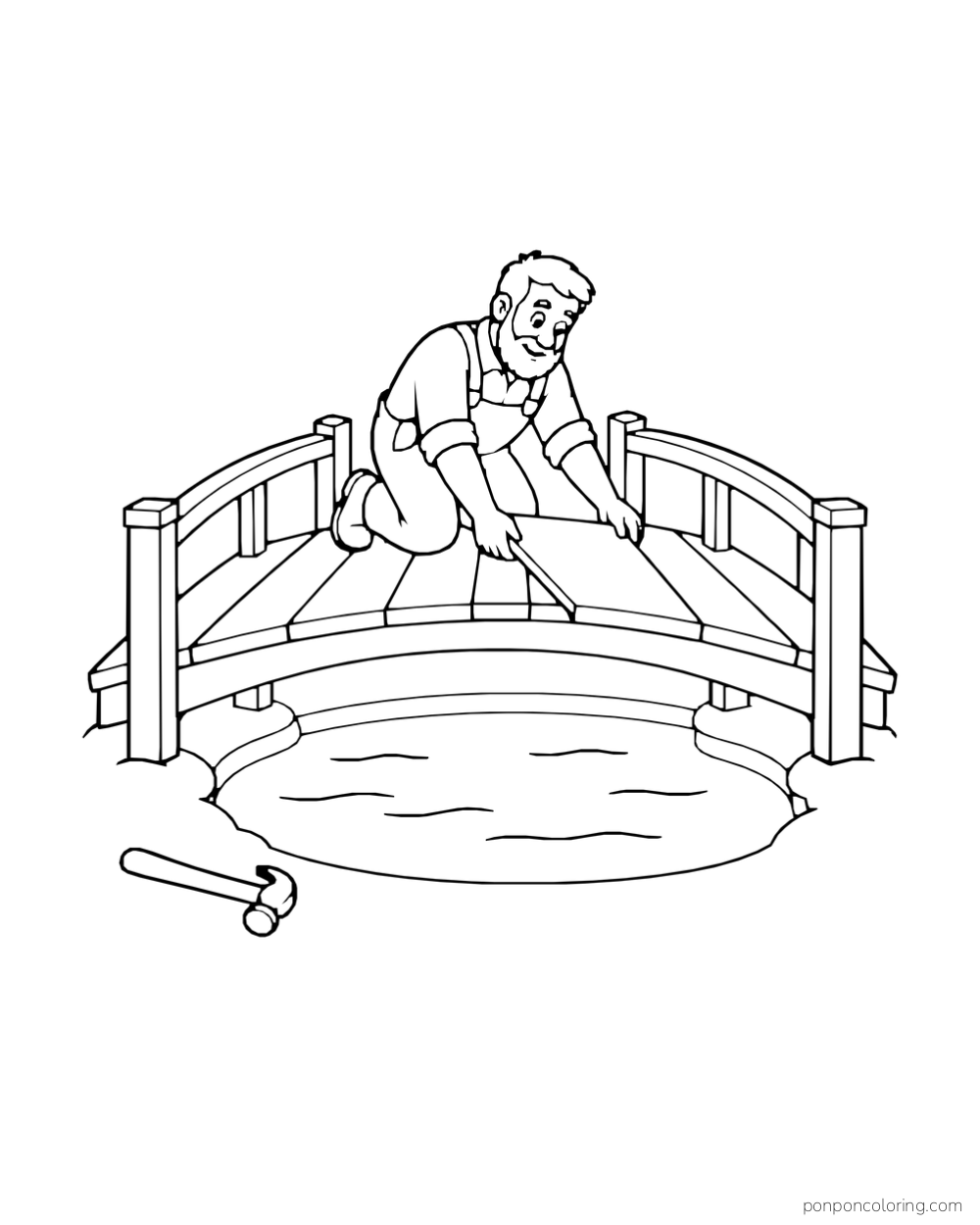 A carpenter kneeling on a small arched bridge above water, with a tool in hand and a hammer nearby.