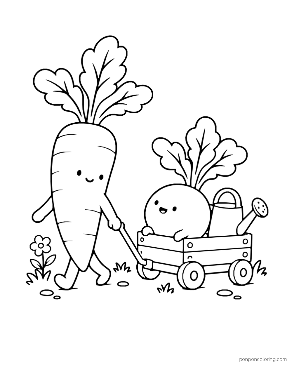 A carrot pulls a wagon carrying a radish and a watering can.