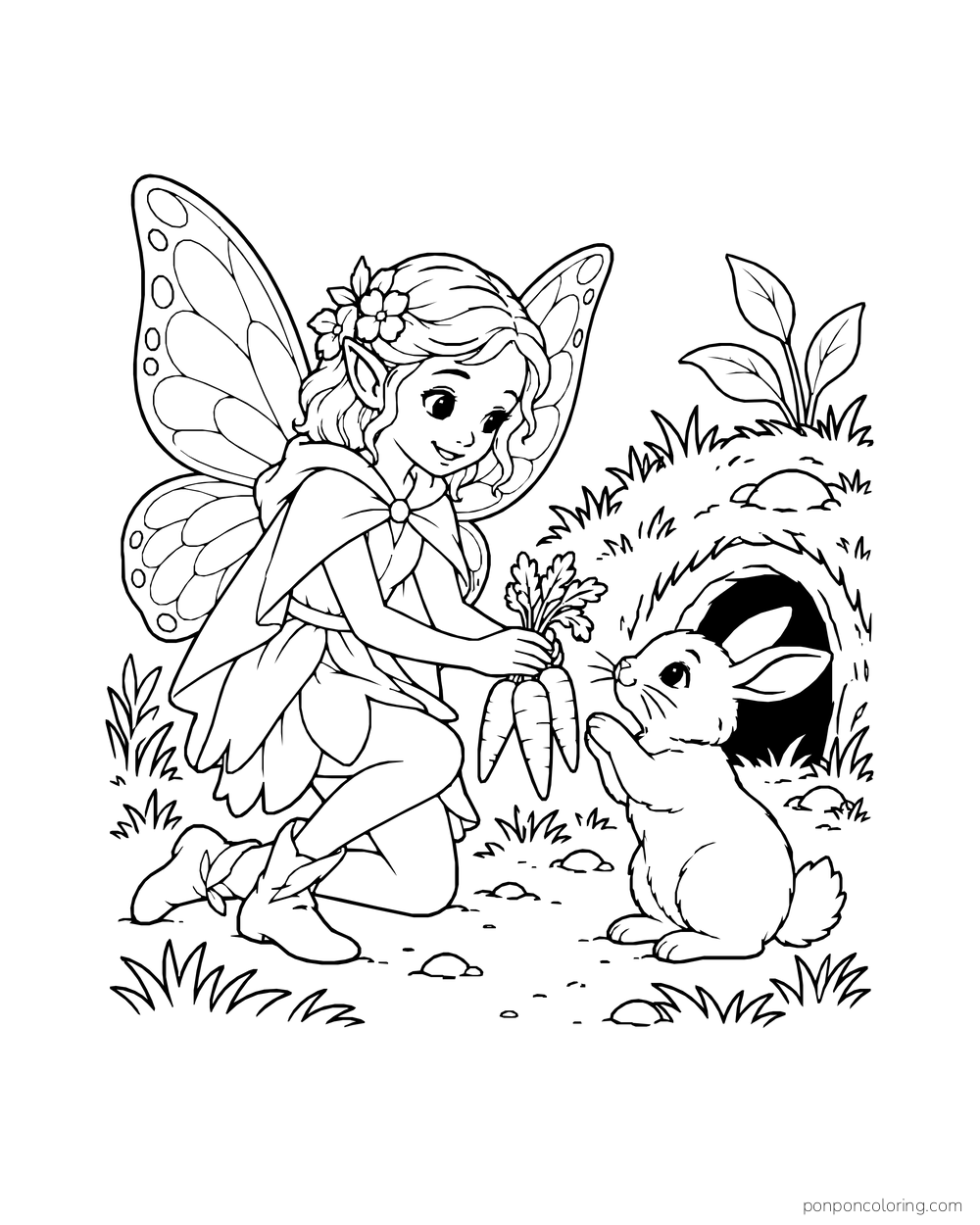 Fairy offering carrots to a rabbit beside a grassy burrow.