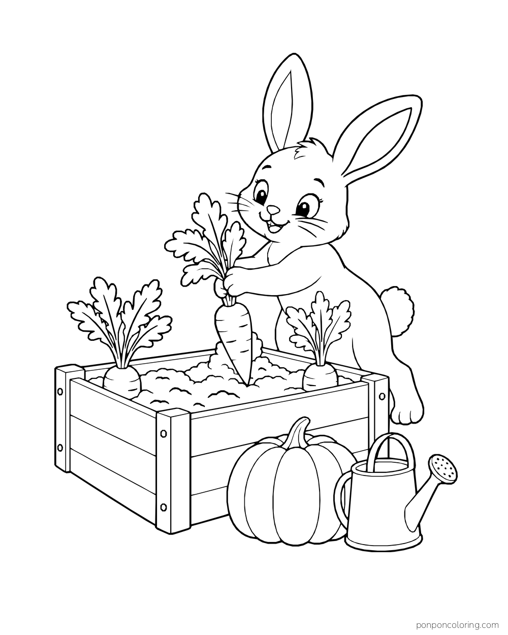 A rabbit lifts a carrot from a raised garden bed beside a pumpkin and watering can.